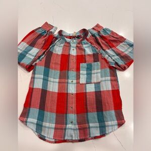 Pilcro by anthropologie Red Blue Plaid Gauze Bottom Front Size S
